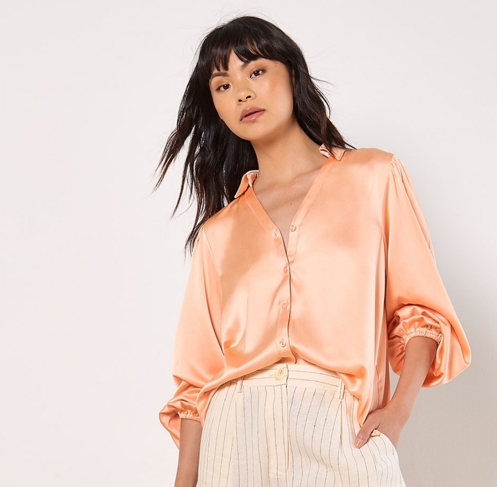 Peach Satin V Neck Collared Blouse - Picture 9 of 12